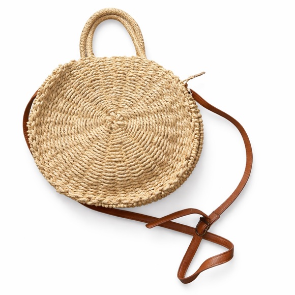 Reitmans Round Woven Straw Crossbody Bag with Brown Strap - Picture 2 of 7